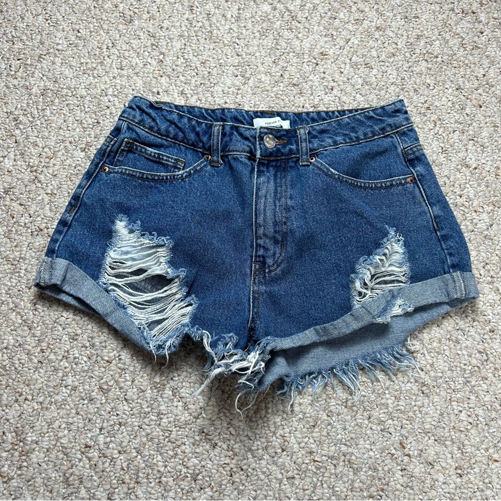 Forever 21 High Rise Jean Shorts Womens 21 Distressed Cut Off High Rise Raw Hem